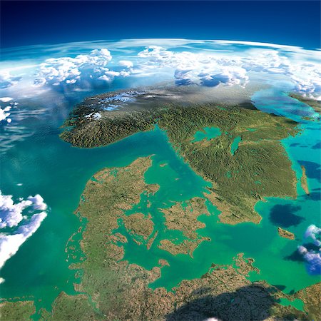 Highly detailed fragments of the planet Earth with exaggerated relief, translucent ocean, illuminated by the morning sun. Denmark, Sweden and Norway. Elements of this image furnished by NASA Stock Photo - Budget Royalty-Free & Subscription, Code: 400-07429649