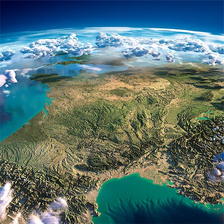 simsearch:400-07420874,k - Highly detailed fragments of the planet Earth with exaggerated relief, translucent ocean and clouds, illuminated by the morning sun. France. Elements of this image furnished by NASA Stock Photo - Budget Royalty-Free & Subscription, Code: 400-07429650