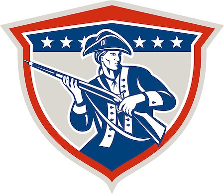 simsearch:400-07116843,k - Illustration of an American Patriot holding a musket rifle facing front set inside crest shield with stars on isolated background done in retro style. Foto de stock - Super Valor sin royalties y Suscripción, Código: 400-07429724