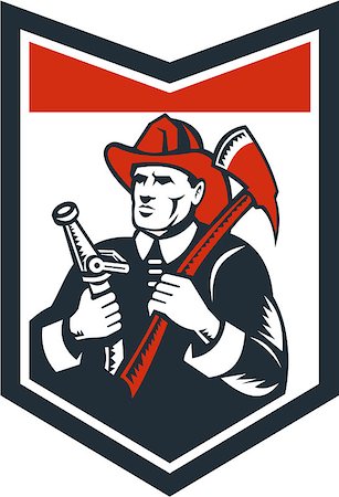 simsearch:400-07617056,k - Illustration of a fireman fire fighter emergency worker looking up holding fire hose and fire axe inside shield done in retro woodcut style. Foto de stock - Super Valor sin royalties y Suscripción, Código: 400-07429745