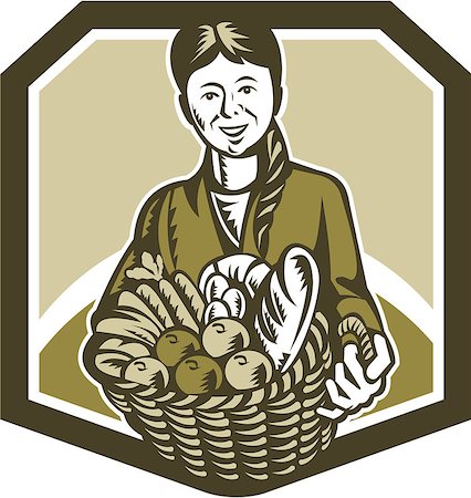 simsearch:400-07422645,k - Illustration of female organic farmer gardener horticulturist with basket full of crop harvest, fruits and vegetables set inside shield done in retro woodcut style. Photographie de stock - Aubaine LD & Abonnement, Code: 400-07429749