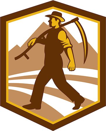 faux (outil) - Illustration of a farmer farm worker holding scythe walking facing side set inside shield crest on isolated background done in retro style. Photographie de stock - Aubaine LD & Abonnement, Code: 400-07429742