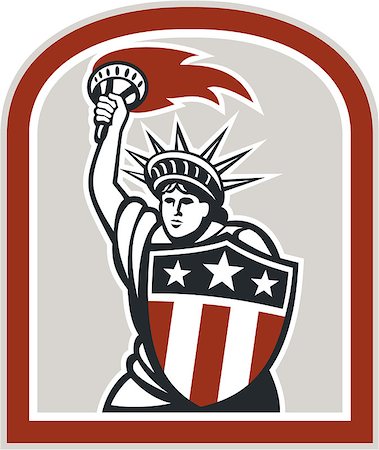 statue of liberty with american flag - Illustration of statue of liberty holding up a flaming torch and shield on isolated background done in retro style. Foto de stock - Super Valor sin royalties y Suscripción, Código: 400-07429750