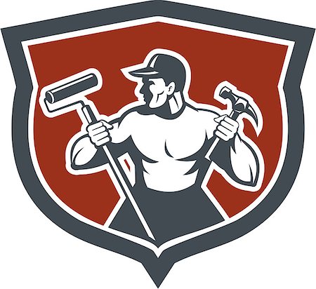 Illustration of a carpenter holding hammer and paint roller looking to side set inside shield crest on isolated background done in retro style. Foto de stock - Super Valor sin royalties y Suscripción, Código: 400-07429767