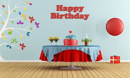 Colorful Birtday party interior with round table with cake and champagne - rendering Stock Photo - Budget Royalty-Free & Subscription, Code: 400-07420179