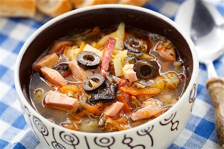 stew sausage - Traditional tasty russian Soljanka soup in a bowl Stock Photo - Budget Royalty-Free & Subscription, Code: 400-07420606