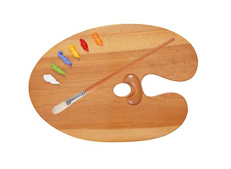 simsearch:400-07098525,k - wooden art palette with blobs of paint and a brush on white background Foto de stock - Super Valor sin royalties y Suscripción, Código: 400-07420703