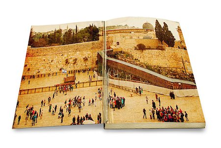 simsearch:400-06423880,k - An opened old book with a picture Western Wall,Temple Mount, Jerusalem, Israel. Photo in old color image style on white background Stockbilder - Microstock & Abonnement, Bildnummer: 400-07420783