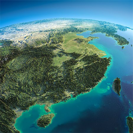 simsearch:400-07420874,k - Highly detailed planet Earth in the morning. Exaggerated precise relief lit morning sun. Eastern China and Taiwan.  Elements of this image furnished by NASA Stock Photo - Budget Royalty-Free & Subscription, Code: 400-07420866