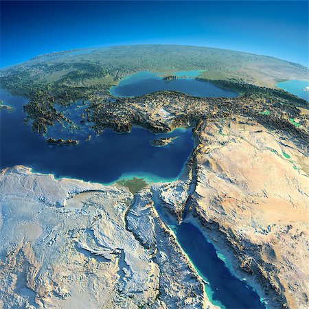 simsearch:400-04780152,k - Highly detailed planet Earth in the morning. Exaggerated precise relief lit morning sun. Africa and Middle East.  Elements of this image furnished by NASA Photographie de stock - Aubaine LD & Abonnement, Code: 400-07420869