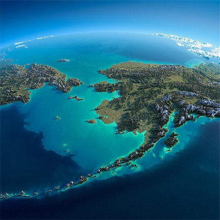 simsearch:400-04911859,k - Highly detailed planet Earth in the morning. Exaggerated precise relief lit morning sun. Detailed Earth. Chukotka, Alaska and the Bering Strait. Elements of this image furnished by NASA Foto de stock - Super Valor sin royalties y Suscripción, Código: 400-07420862
