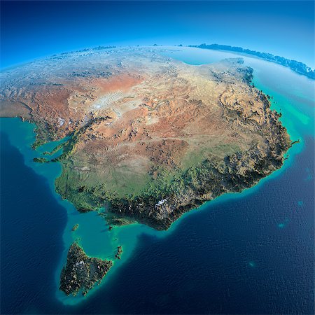 simsearch:400-04780152,k - Highly detailed planet Earth in the morning. Exaggerated precise relief lit morning sun. Detailed Earth. Australia and Tasmania. Elements of this image furnished by NASA Photographie de stock - Aubaine LD & Abonnement, Code: 400-07420863
