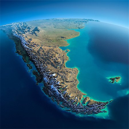 simsearch:400-04911859,k - Highly detailed planet Earth in the morning. Exaggerated precise relief lit morning sun. Detailed Earth. South America. Tierra del Fuego. Elements of this image furnished by NASA Foto de stock - Super Valor sin royalties y Suscripción, Código: 400-07420878
