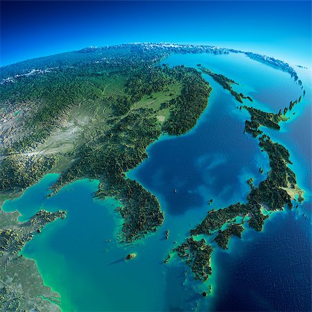 simsearch:400-07420874,k - Highly detailed planet Earth in the morning. Exaggerated precise relief lit morning sun. Detailed Earth. Korea and Japan. Elements of this image furnished by NASA Stock Photo - Budget Royalty-Free & Subscription, Code: 400-07420870