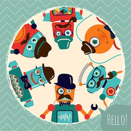 futuristic boy kid - Hipster Retro Robots Card Illustration, Banner, Background Stock Photo - Budget Royalty-Free & Subscription, Code: 400-07420985