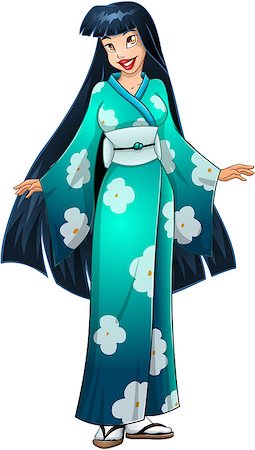 simsearch:400-07421465,k - Vector illustration of an asian woman in traditional blue green japanese kimono. Foto de stock - Super Valor sin royalties y Suscripción, Código: 400-07421468