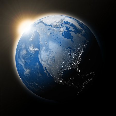 simsearch:400-08427636,k - Sun over North America on blue planet Earth isolated on black background. Highly detailed planet surface. Elements of this image furnished by NASA. Foto de stock - Super Valor sin royalties y Suscripción, Código: 400-07421831