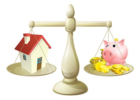 debt scales - House money cales concept. Piggy bank on one side of a scale and a house on the other. Can have several meanings relating to real estate, savings or mortgages Stock Photo - Budget Royalty-Free & Subscription, Code: 400-07421956