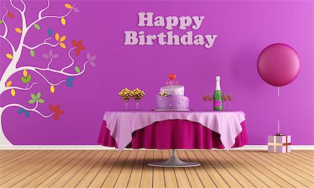 Colorful Birthday party interior with round table with cake and champagne, girl version - rendering Stock Photo - Budget Royalty-Free & Subscription, Code: 400-07422155