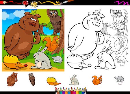 simsearch:400-07302853,k - Cartoon Illustration of Cute Forest Wild Animals Group for Coloring Book with Elements Set Foto de stock - Royalty-Free Super Valor e Assinatura, Número: 400-07422235