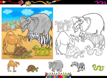 simsearch:400-06849600,k - Cartoon Illustration of Funny Safari Wild African Animals Group for Coloring Book with Elements Set Stock Photo - Budget Royalty-Free & Subscription, Code: 400-07422236