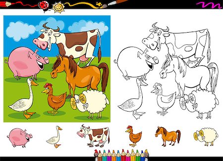 simsearch:400-04272392,k - Cartoon Illustrations of Cute Farm Animals Characters Group for Coloring Book with Elements Set Foto de stock - Super Valor sin royalties y Suscripción, Código: 400-07422237