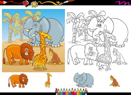 simsearch:400-07982983,k - Cartoon Illustration of Funny Safari Wild Animals Group for Coloring Book with Elements Set Stockbilder - Microstock & Abonnement, Bildnummer: 400-07422239