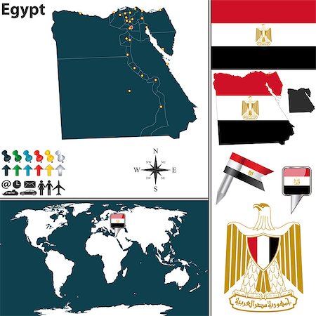 simsearch:400-07326858,k - Vector map of Egypt with regions, coat of arms and location on world map Stock Photo - Budget Royalty-Free & Subscription, Code: 400-07422346