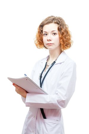 cute redhead doctor in lab coat with notebook isolated on white background Stock Photo - Budget Royalty-Free & Subscription, Code: 400-07422392