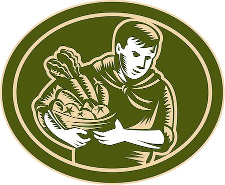 simsearch:400-07422645,k - Illustration of male organic farmer gardener horticulturist  with basket full of crop harvest, fruits and vegetables set inside oval done in retro woodcut style. Photographie de stock - Aubaine LD & Abonnement, Code: 400-07422644