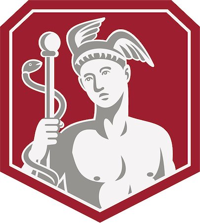 Illustration of Roman god Mercury wearing winged hat holding caduceus a herald's staff with two entwined snakes looking to side set inside shield on isolated background done in retro style. Stockbilder - Microstock & Abonnement, Bildnummer: 400-07422649