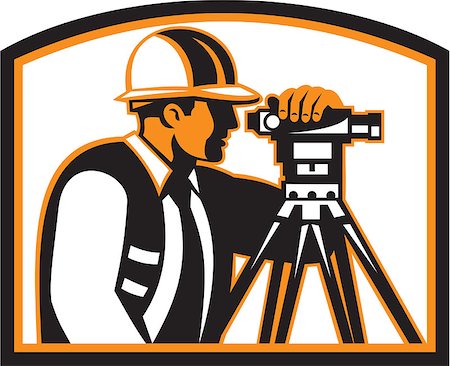 simsearch:400-07500332,k - Illustration of a surveyor geodetic engineer with theodolite instrument surveying viewed from side done in retro style. Stock Photo - Budget Royalty-Free & Subscription, Code: 400-07422672