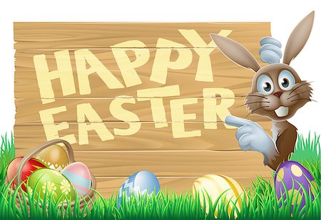 simsearch:400-07307426,k - Easter bunny peeking round a sign with a basket of chocolate Easter eggs Stock Photo - Budget Royalty-Free & Subscription, Code: 400-07422960