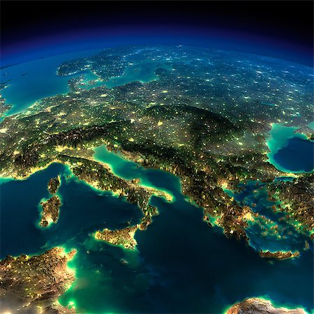 Highly detailed Earth, illuminated by moonlight. The glow of cities sheds light on the detailed exaggerated terrain. A piece of Europe - Italy and Greece. Elements of this image furnished by NASA Stock Photo - Budget Royalty-Free & Subscription, Code: 400-07423078