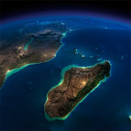 simsearch:400-06363455,k - Highly detailed Earth, illuminated by moonlight. The glow of cities sheds light on the detailed exaggerated terrain. Night Earth. Africa and Madagascar. Elements of this image furnished by NASA Stockbilder - Microstock & Abonnement, Bildnummer: 400-07423079