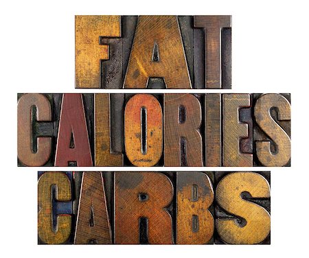 simsearch:400-05272635,k - The words FAT CALORIES CARBS written in vintage letterpress type Stock Photo - Budget Royalty-Free & Subscription, Code: 400-07423414