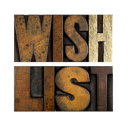 simsearch:400-07423443,k - The words WISH LIST written in vintage letterpress type Fotografie stock - Microstock e Abbonamento, Codice: 400-07423473