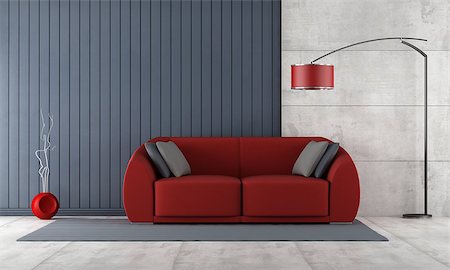 Contemporary living room with red couch against blue slats and concrete panel - rendering Stock Photo - Budget Royalty-Free & Subscription, Code: 400-07430163