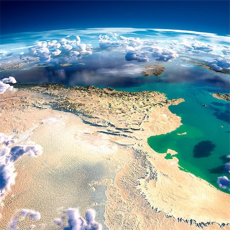 simsearch:400-07420874,k - Highly detailed fragments of the planet Earth with exaggerated relief, translucent ocean and clouds, illuminated by the morning sun. Tunisia. Elements of this image furnished by NASA Stock Photo - Budget Royalty-Free & Subscription, Code: 400-07430186