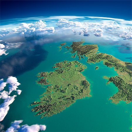 simsearch:400-07420874,k - Highly detailed fragments of the planet Earth with exaggerated relief, translucent ocean and clouds, illuminated by the morning sun. Ireland and UK. Elements of this image furnished by NASA Stock Photo - Budget Royalty-Free & Subscription, Code: 400-07430183