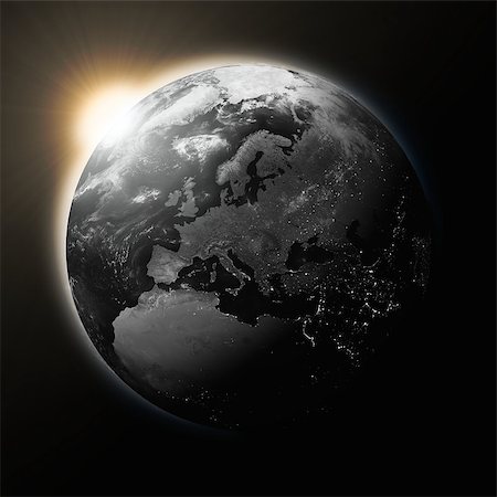 simsearch:400-08371074,k - Sun over Europe on dark planet Earth isolated on black background. Highly detailed planet surface. Elements of this image furnished by NASA. Fotografie stock - Microstock e Abbonamento, Codice: 400-07430445