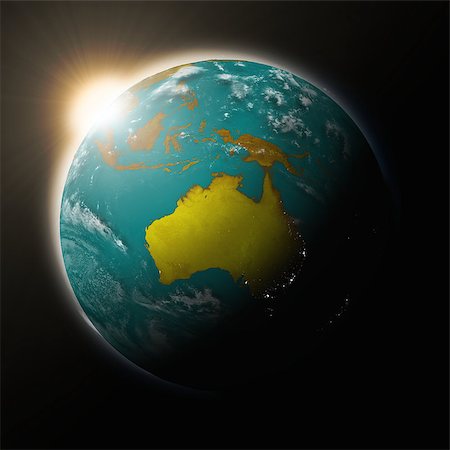 simsearch:400-08371074,k - Sun over Australia on blue planet Earth isolated on black background. Highly detailed planet surface. Elements of this image furnished by NASA. Fotografie stock - Microstock e Abbonamento, Codice: 400-07430499