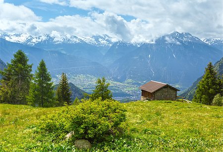 simsearch:400-06748366,k - Summer mountain landscape with snow on mount top and house on slope (Alps, Switzerland) Stock Photo - Budget Royalty-Free & Subscription, Code: 400-07430629