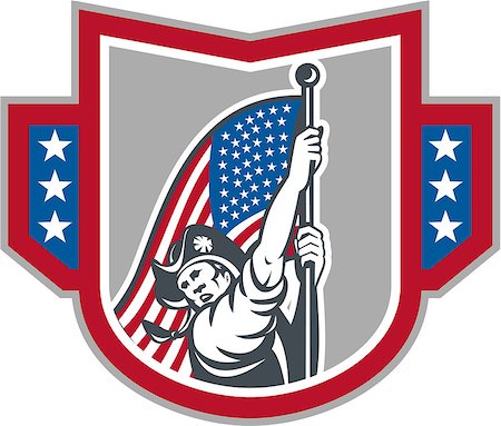 simsearch:400-07116843,k - Illustration of an American Patriot brandishing holding up a stars and stripes  flag set inside crest shield on isolated white background. Foto de stock - Super Valor sin royalties y Suscripción, Código: 400-07430641