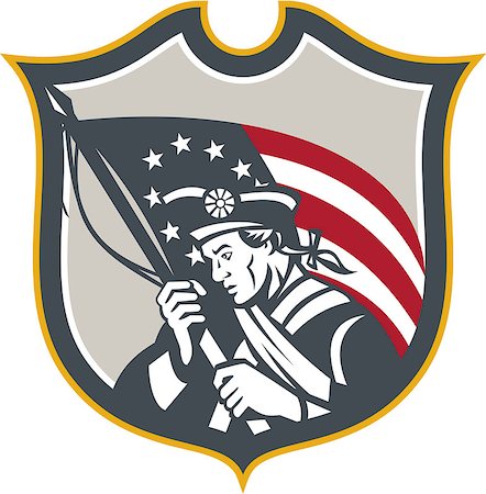 simsearch:400-07116843,k - Illustration of an American Patriot holding a USA Betsy Ross flag set inside crest shield on isolated white background done in retro style. Foto de stock - Super Valor sin royalties y Suscripción, Código: 400-07430642