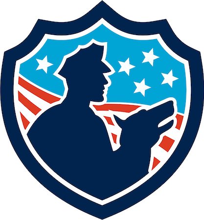 Illustration of a silhouette of a policeman security guard with police dog with American stars and stripes set inside shield done in retro style. Foto de stock - Super Valor sin royalties y Suscripción, Código: 400-07430669