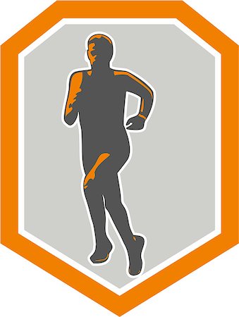 Illustration of marathon triathlete runner running facing front view set inside shield crest on isolated done in retro style. Stock Photo - Budget Royalty-Free & Subscription, Code: 400-07430675