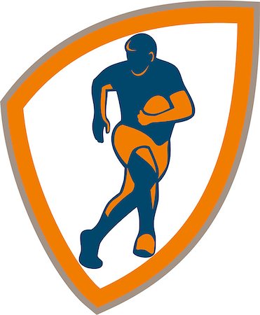 simsearch:400-05331205,k - Illustration of a rugby player running with the ball in silhouette viewed from front set inside shield crest shape done in retro style. Foto de stock - Royalty-Free Super Valor e Assinatura, Número: 400-07430678