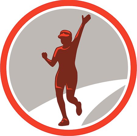 simsearch:400-08629212,k - Illustration of marathon triathlete runner running winning finishing race set inside circle on isolated background done in retro style. Fotografie stock - Microstock e Abbonamento, Codice: 400-07430673