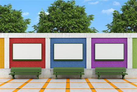 Blank street billboard on colorful brick wall with green benches - rendering Stock Photo - Budget Royalty-Free & Subscription, Code: 400-07430881